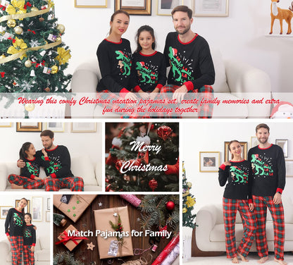 ANGELGGH Matching Christmas Pajamas for Family, Cute Vacation PJs Sets for Couples/Women/Men, Xmas 2 Piece Jammies Sleepwear (Youth, 2-3T, Black Dinosaur)