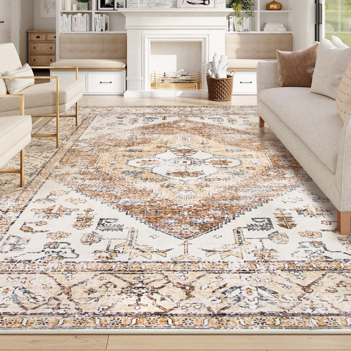 Lahome Washable Living Room Area Rugs 8x10 - Boho Ultra-Thin Non-Slip Bedroom Rug 8x10 Under Bed, Farmhouse Neutral Print Floor Carpet for Dining Room Office Adelyn (Taupe,8'x10')