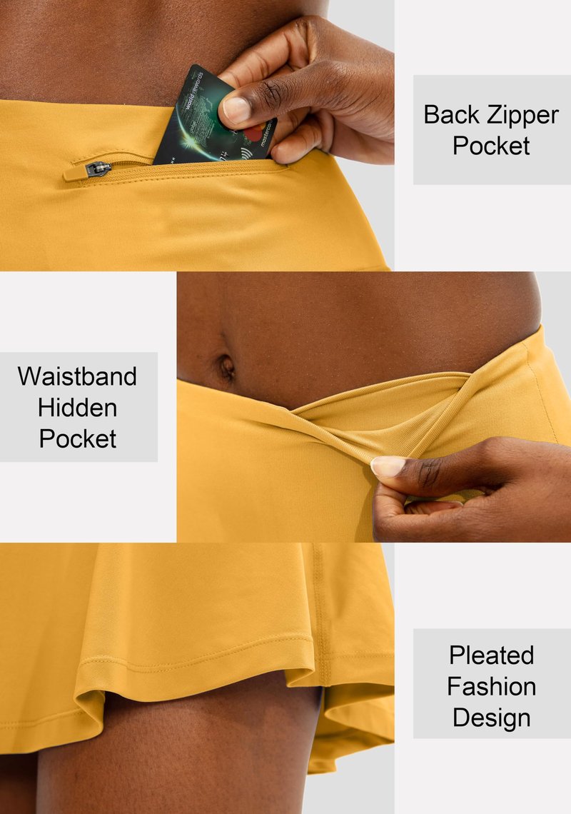 SANTINY Pleated Tennis Skirt for Women with 4 Pockets Women's High Waisted Athletic Golf Skorts Skirts for Running Casual (Yellow_XXS)