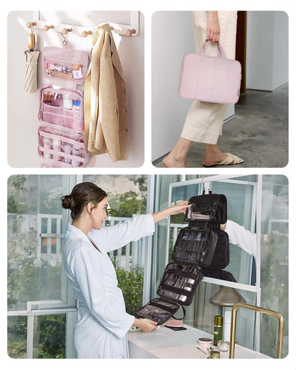 BAGSMART Travel Toiletry Bag with Jewelry Organizer, Hanging Travel Bag for Toiletries, Puffy Makeup Cosmetic Bag Organizer, Carry-on Travel Accessories Essentials, Black-M