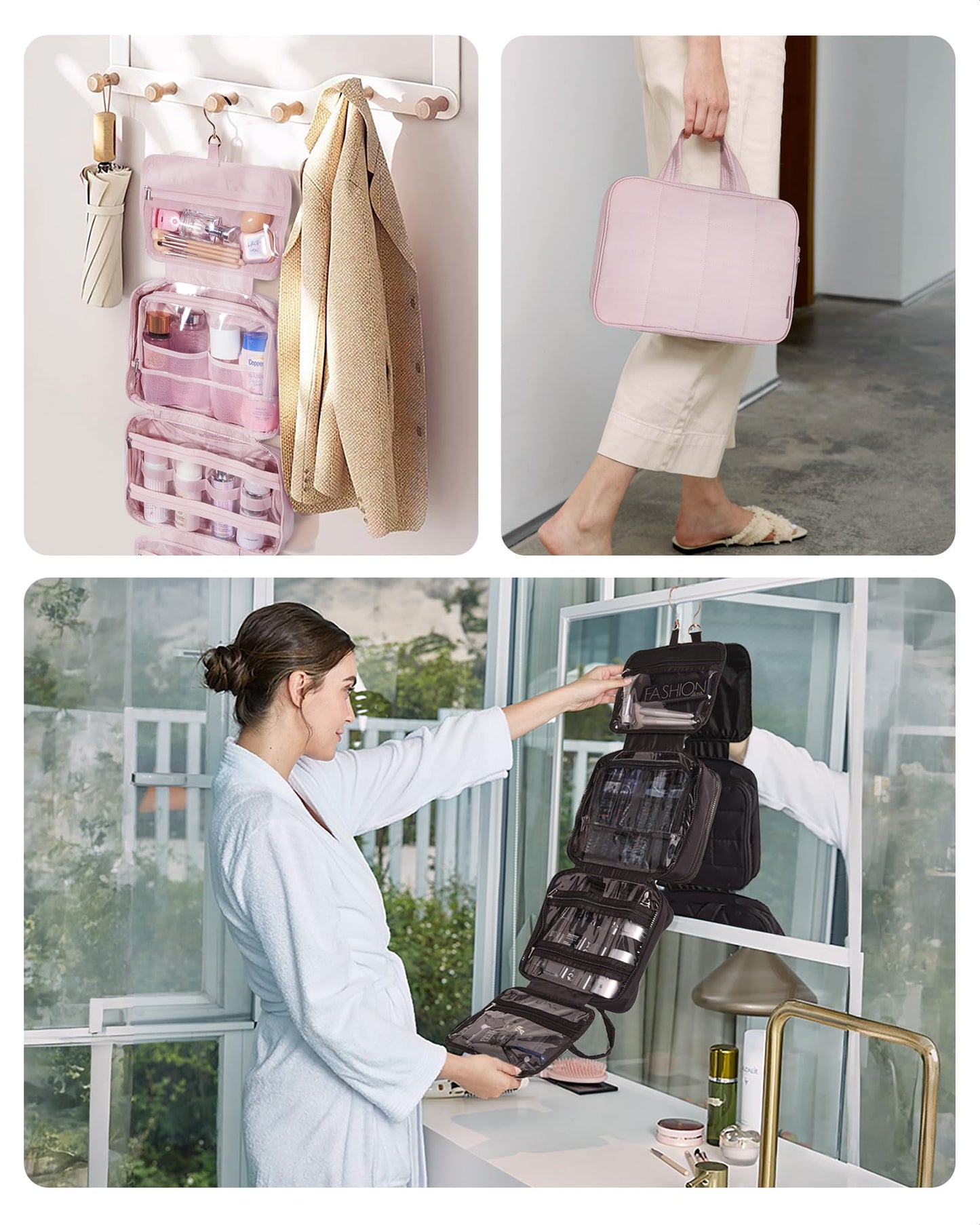 BAGSMART Travel Toiletry Bag with Jewelry Organizer, Hanging Travel Bag for Toiletries, Puffy Makeup Cosmetic Bag Organizer, Carry-on Travel Accessories Essentials, Black-L