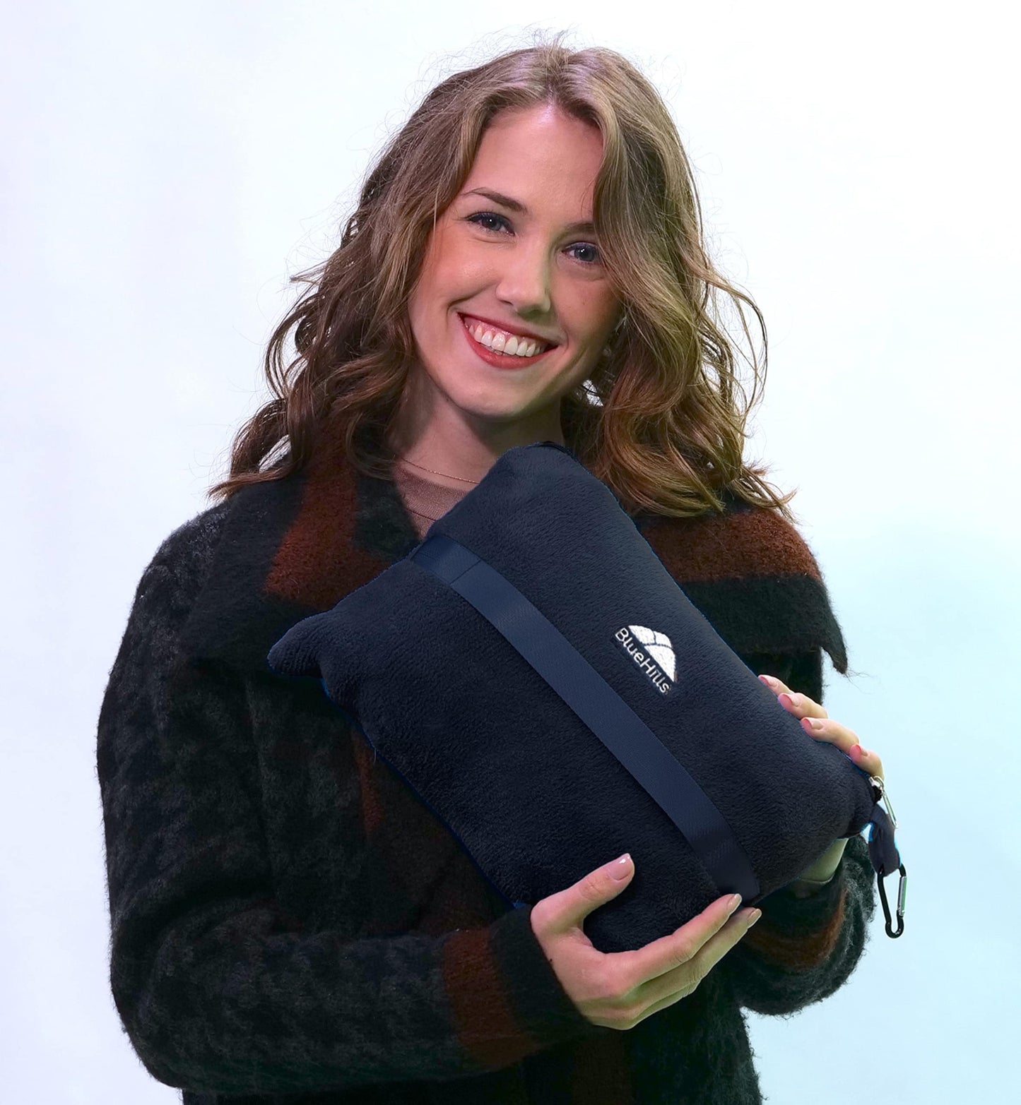 BlueHills Premium Soft Travel Blanket Pillow in Mini Soft Case Plush Airplane Blanket Compact Pack with Luggage Belt and Backpack Clip Long Flights Essentials Navy Blue M04