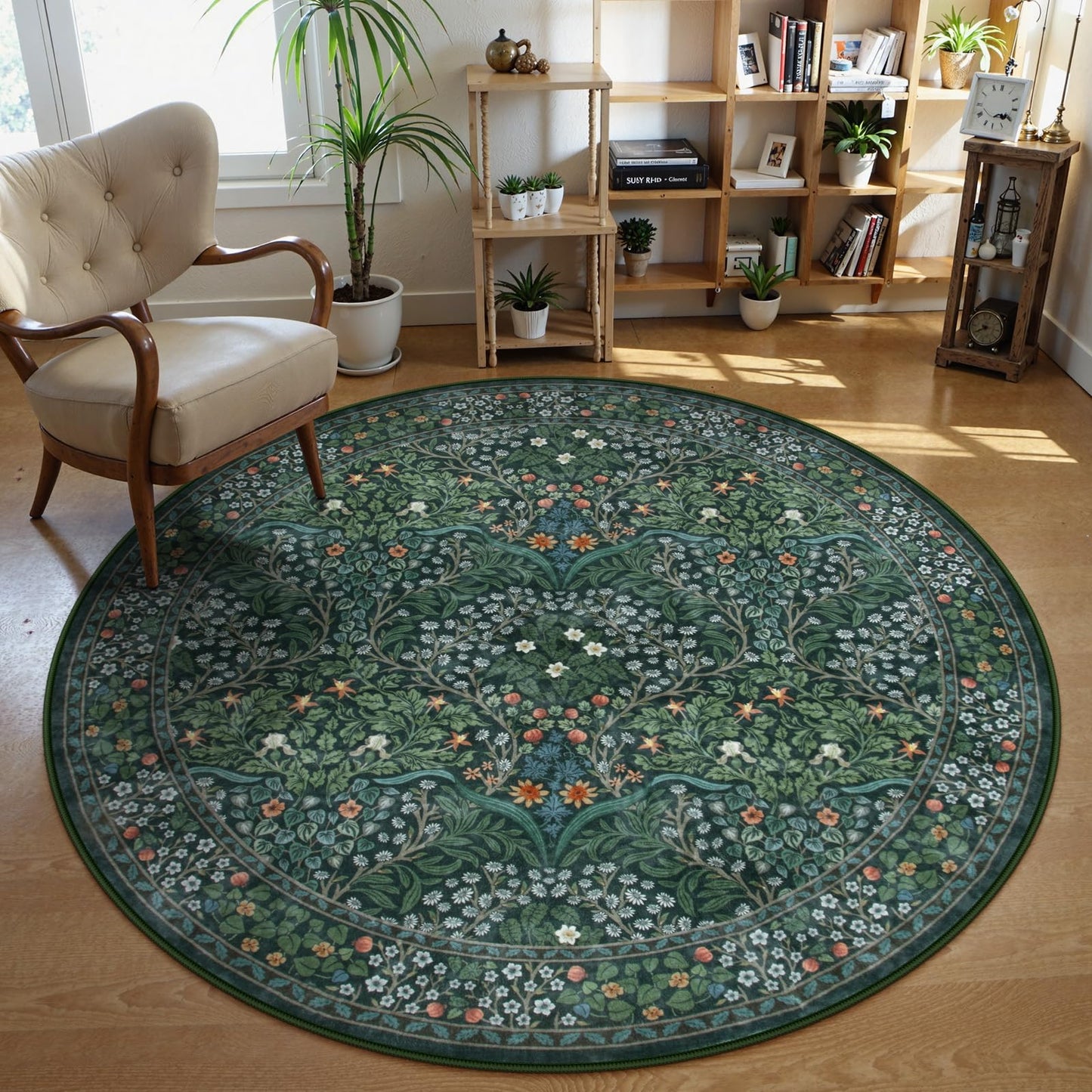 Lahome Floral Washable Round Area Rug, Soft Round Rugs 6ft Ultra-Thin Non-Slip, Boho Stain Resistant Large Circle Carpet for Bedroom Living Room Kitchen Nursery Giverny, Dark Green