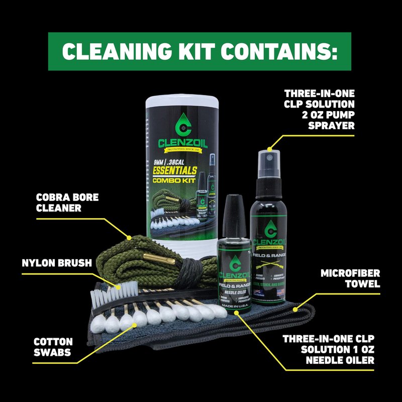 CLENZOIL Field & Range Pistol & Rifle Essentials Gun Cleaning Kit | CLP Spray & Oiler with Bores Cleaner | Clean, Lubricate & Protect | Nylon Brush, Bore Swabs & Microfiber (9mm | 38 Caliber)