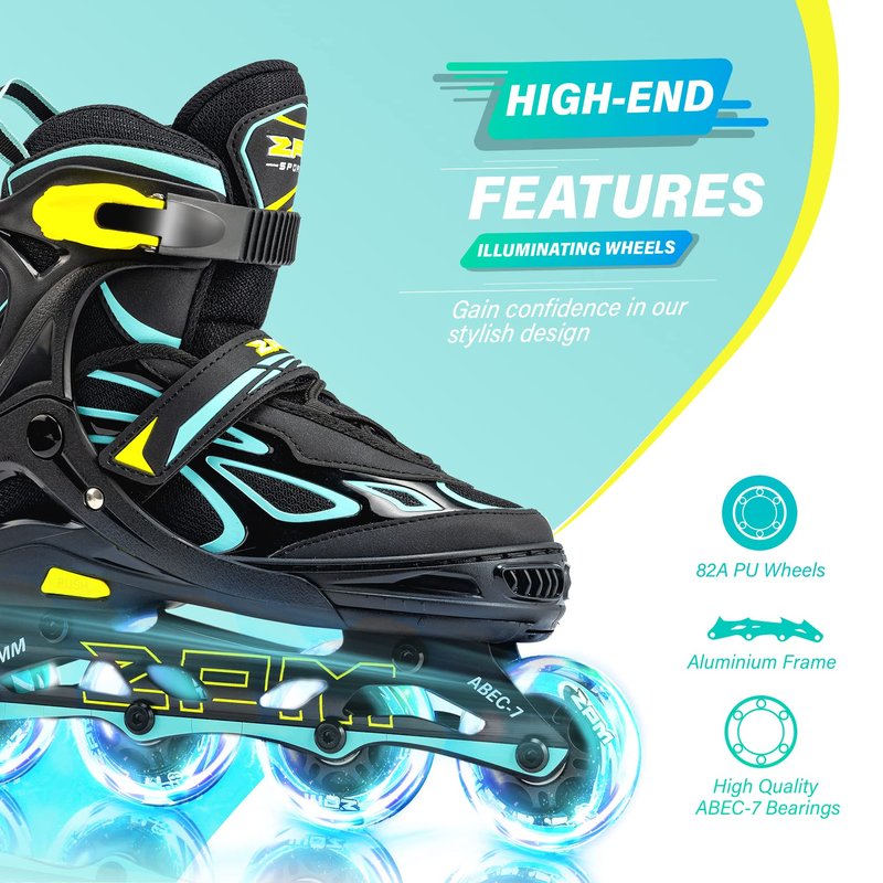 2PM SPORTS Vinal Girls and Boys Adjustable Flashing Inline Skates, All Wheels Light Up, Fun Illuminating for Kids and Women- Cyan M