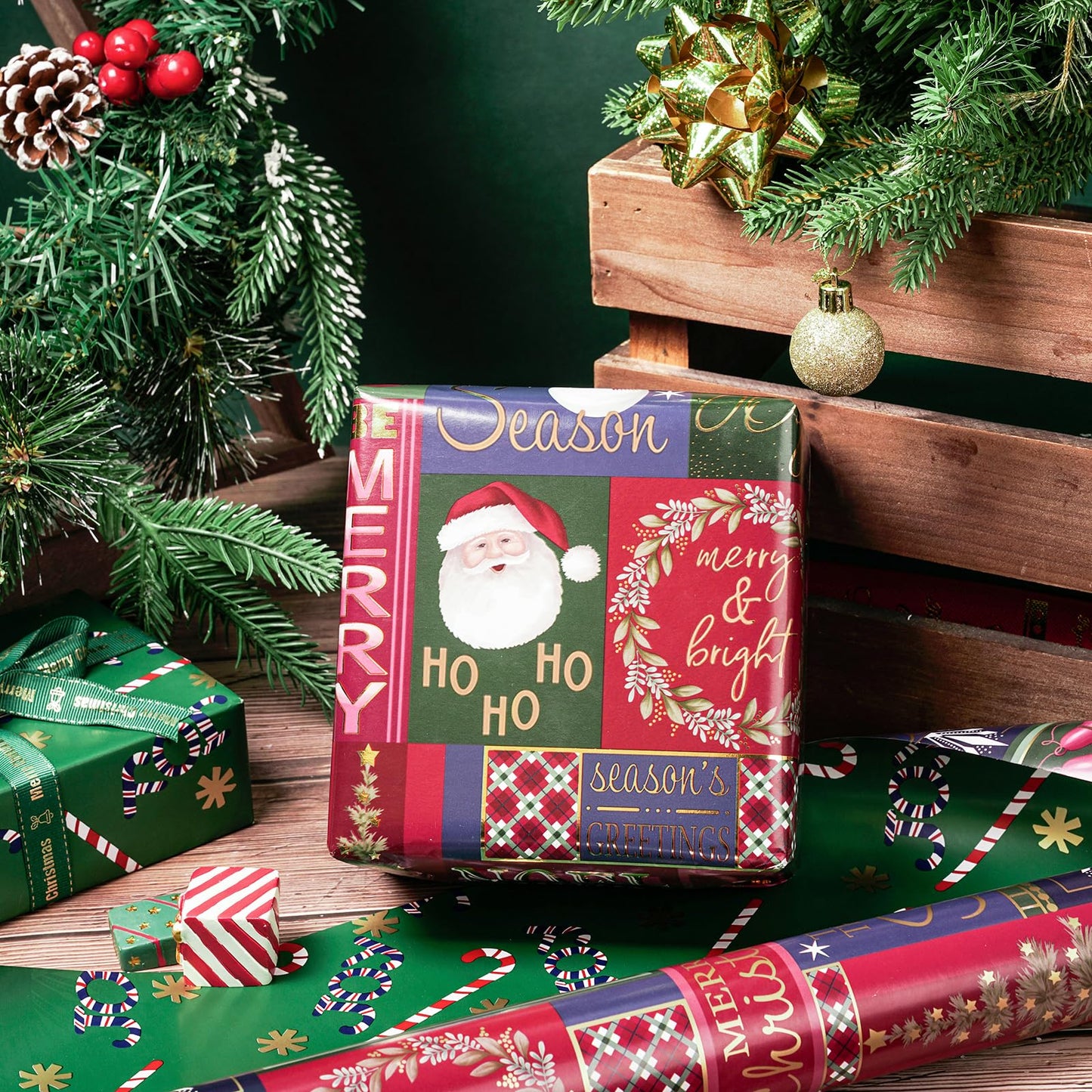 RUSPEPA Reversible Wrapping Paper Roll - Mini Roll - Christmas Santa Claus, Snowman and Candy Cane Pattern Great for Christmas, Party, Holiday - 17.5 Inches X 32.8 Feet