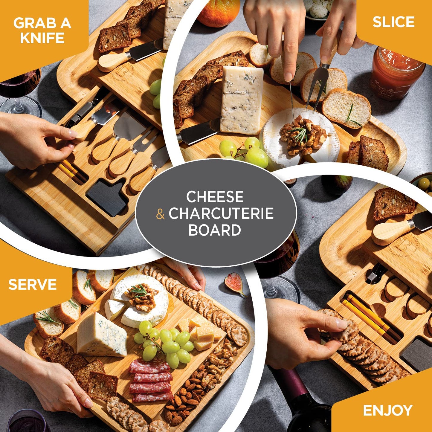 Charcuterie Boards Gift Set by Bambüsi - Large Bamboo Cheese Board for Serving, Entertaining, Cheese Platter for Kitchen, House Warming Gifts New Home, Wedding, Bridal Shower, Birthday Gifts for Women