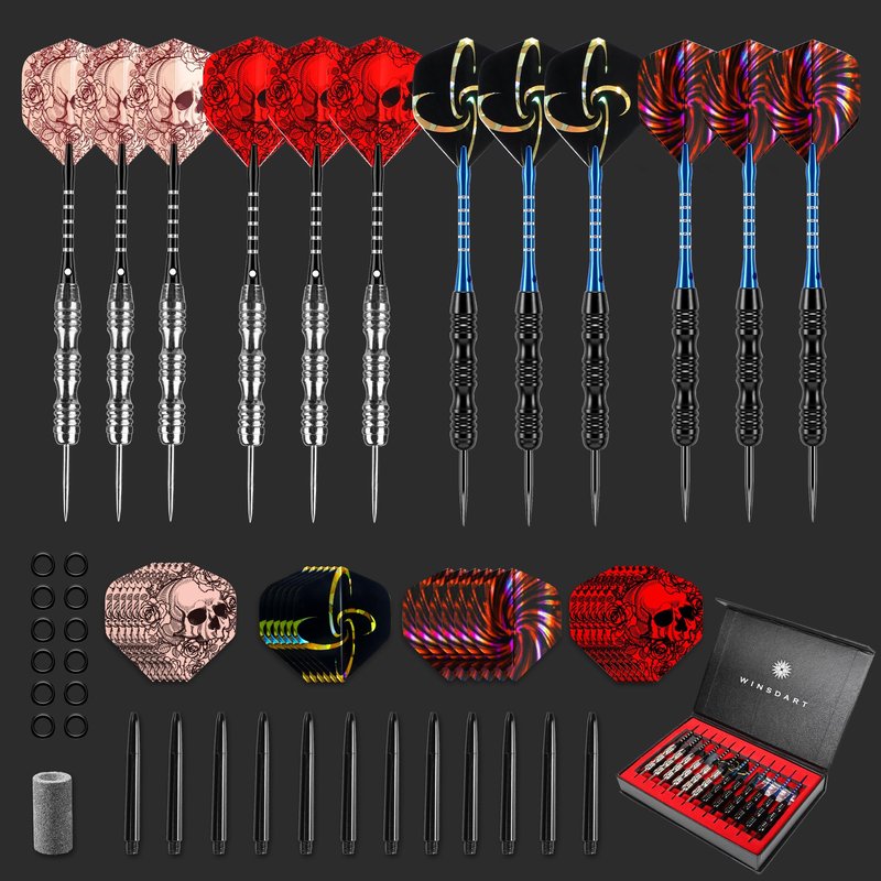 WINSDART Steel Tip Darts 12 Pack Set with Nonslip Iron Barrel Aluminum Dart Shafts and Flights Darts Sharpener an Gift Box (Black & Silver-Darts-A)