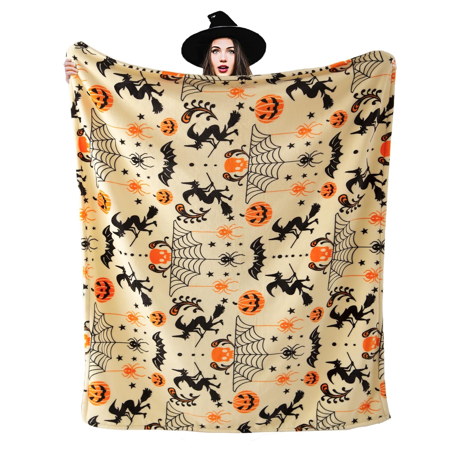 Pumpkin Halloween Blanket 50” x 70” Reversible Witch's Hat Spider Webs Print Fleece Throw Blanket, 320 GSM Surper Soft Warm Cozy Blanket for Couch Sofa, Halloween Harvest Gifts and Orange Home Decor