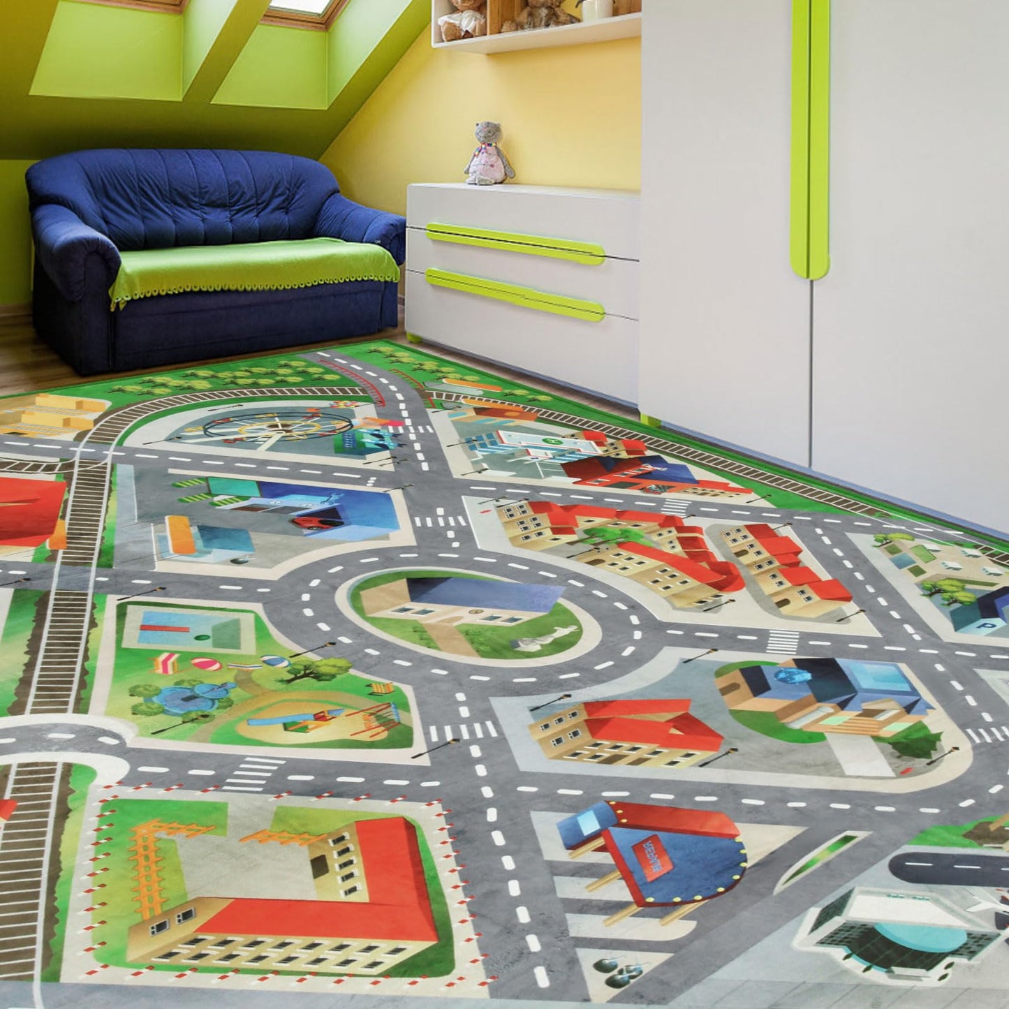 Large Kids Carpet Play Mat Rug for Playroom, 48'' x 71'’ Car Rugs Mat for Kids Toy Cars, City Life with Road Traffic Playmat Rugs Great for Kids Bedroom Play Room Boy Room Decor, Grey