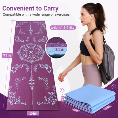 Avoalre Folding Yoga Mat, Eco-Friendly PVC Travel Yoga Mat Packable, Double Sided Non-Slip Printed Yoga Mats with Bag for Home Workout Gym Exercise Fitness Pilates Stretching (72" x 24" x 1/5" Thick)