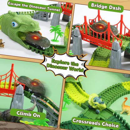 EagleStone Dinosaur Track Set for Kids – 225 PCS Flexible Race Tracks,1 Electric Dino Cars with Light, 8 Dino Figures, Dinosaur Head Tunnel,Christmas Birthday Gift for 3-8 Year Old Boys and Girls