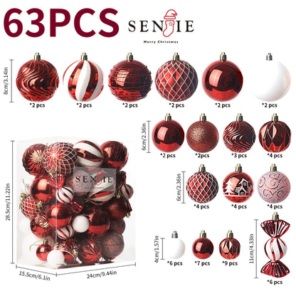 Christmas Ball Ornaments Set Assorted Shatterproof Ornaments 63 PCS Shaped Styles Xmas Tree Holiday Decorative,Red