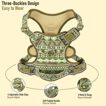 No Pull Dog Harness for Large Dogs with 2 Metal Clips, Easy On/Off with Neck Buckle, Heavy Duty Adjustable Puppy Vest, Breathable Pet Harness with Easy Control Handle, Green Ethnic L