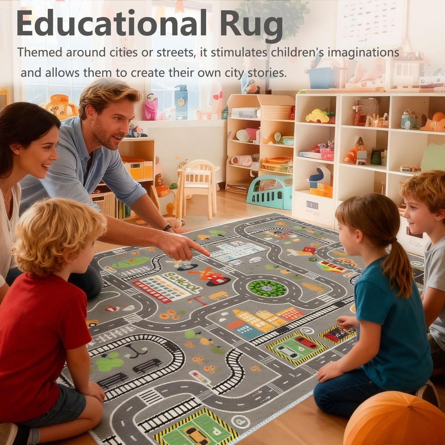 Car Rug Play Mat Road Rug,Kids Carpet Playmat Rugs City Life Great for Playing with Cars and Toys,Children Educational Race Track Rugs with Non-Slip Rubber Backing for Playroom Bedroom Classroom