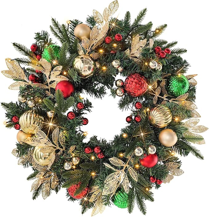 28’’ Pre-Lit Artificial Christmas Wreath Battery Operated 35 LED Lights with Gold, Green, and Red Ornaments, Glittering Gold Leaf Steams for Front Door, Xmas Wreath for Holiday Christmas Decorations