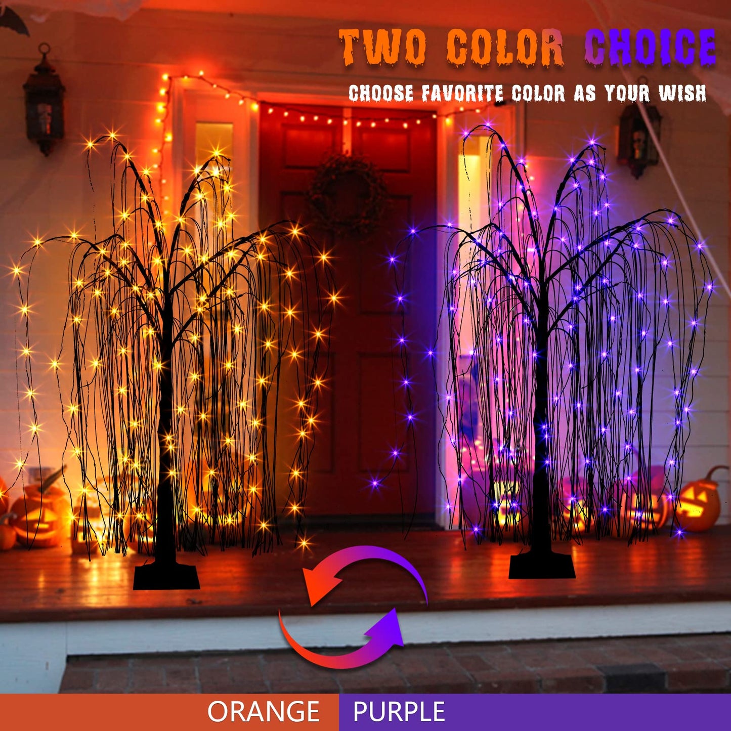 EAMBRITE Halloween Tree 4 FT 180 LED Black Willow Tree with Orange Purple Fairy Lights and Spider Web, Lighted Spooky Artificial Tree for Indoor Outdoor House Home Halloween Decorations