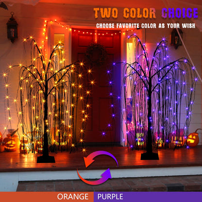 EAMBRITE Halloween Tree 4 FT 180 LED Black Willow Tree with Orange Purple Fairy Lights and Spider Web, Lighted Spooky Artificial Tree for Indoor Outdoor House Home Halloween Decorations
