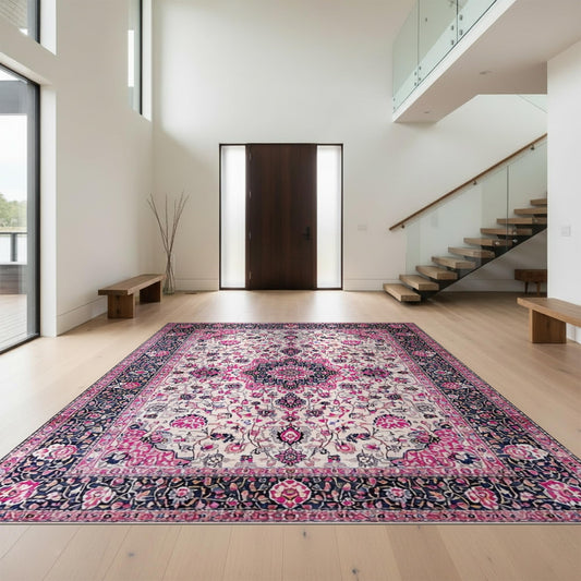 Design&I 4'x6' Black and Pink Faded Scroll Centerpiece Washable Area Rug