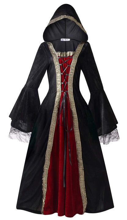 Colorful House Womens Medieval Renaissance Princess Retro Gown Cosplay Costume Dress(X-Large,Black(hooded))