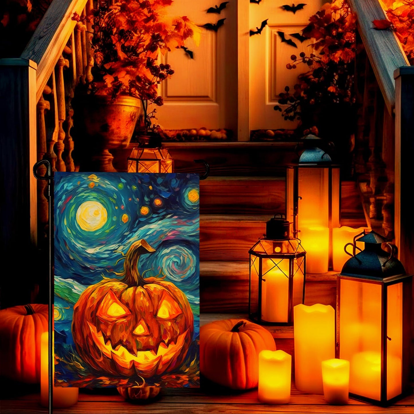 Dacawin Halloween Garden Flag Pumpkin Garden Flag Van Gogh Garden Flags Arts Starry Night Sky Moon Yard Flag Double Sided Fall Porch Patio Farmhouse Outdoor Yard Decorative 12 x 18 Inch