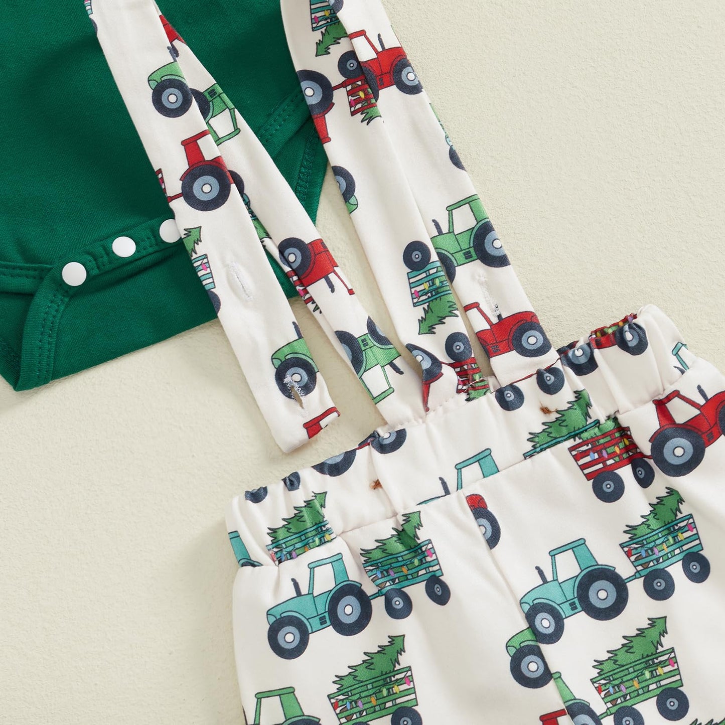 BeQeuewll Christmas Newborn Baby Boy 3PCS Clothes Set Infant Long Sleeve Romper Cute Pattern Suspender Pants Overalls Outfits (Green, 9-12 Months)
