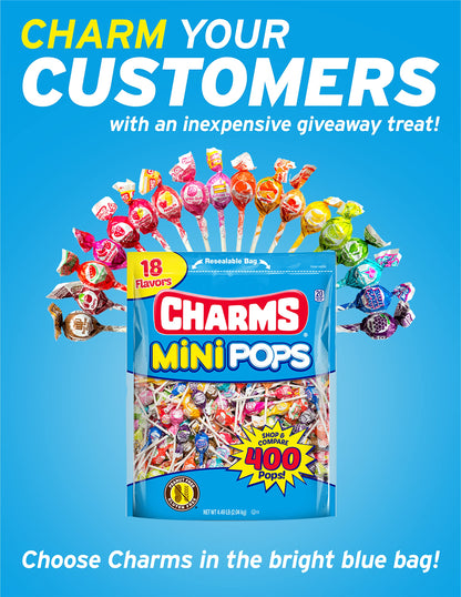 Tootsie Roll Charms Mini Pops - 4.5 lb Bag of Individually Wrapped Fruity Hard Candy Lollipops in 18 Fun Flavors - Peanut and Gluten Free, 400 Count, Packaging May Vary