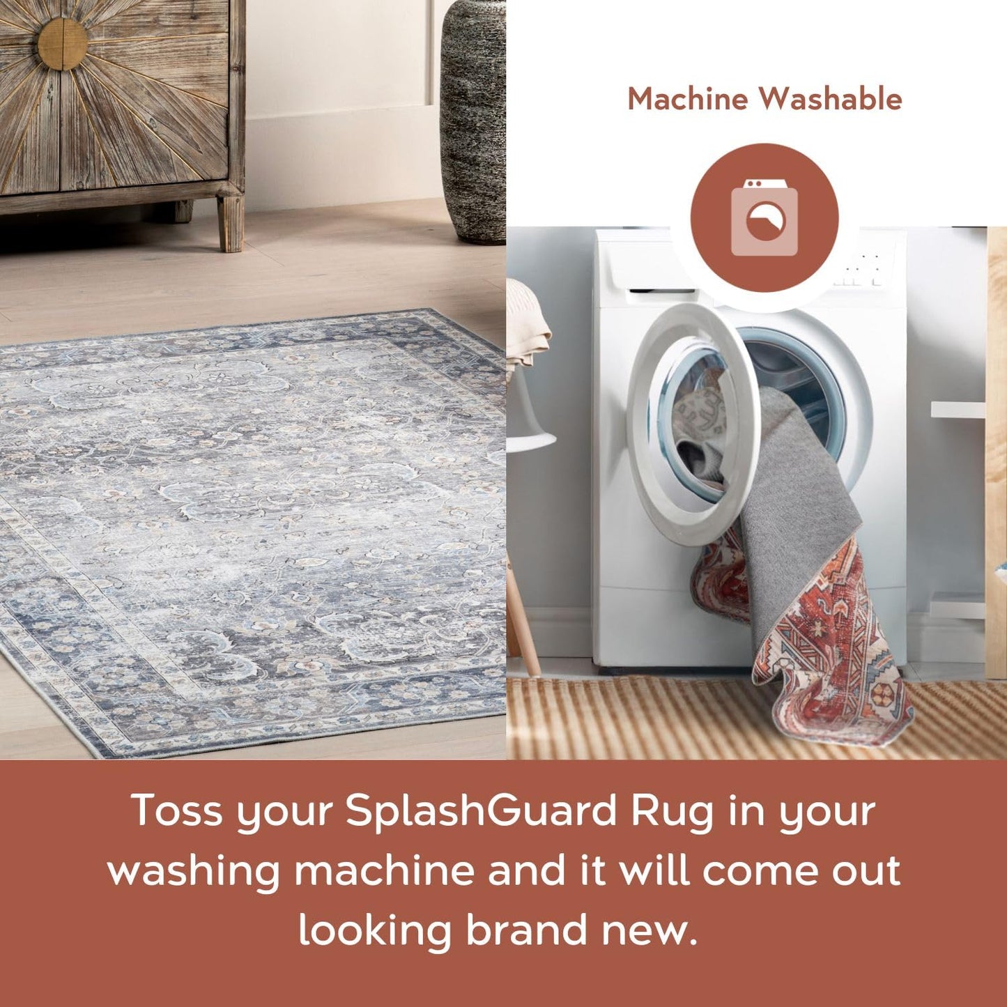 nuLOOM 4' x 6' Machine Washable Area Rug with Waterproof Spill Proof Surface, Non Slip Backing and Stain Resistant for Living Room, Bedroom, Kitchen, Dining Room, Ida Brown