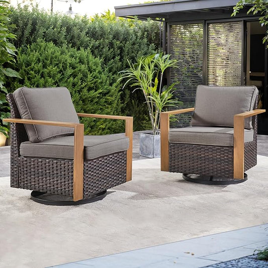 Rilyson Outdoor Patio Swivel Rocker Chairs - Wicker Rattan Patio Swivel Rocking Chairs Set of 2 with Metal Wide Armrest, Thick Cushions and Deep Seating for Deck Porch Sunroom Garden(Brown/Grey)