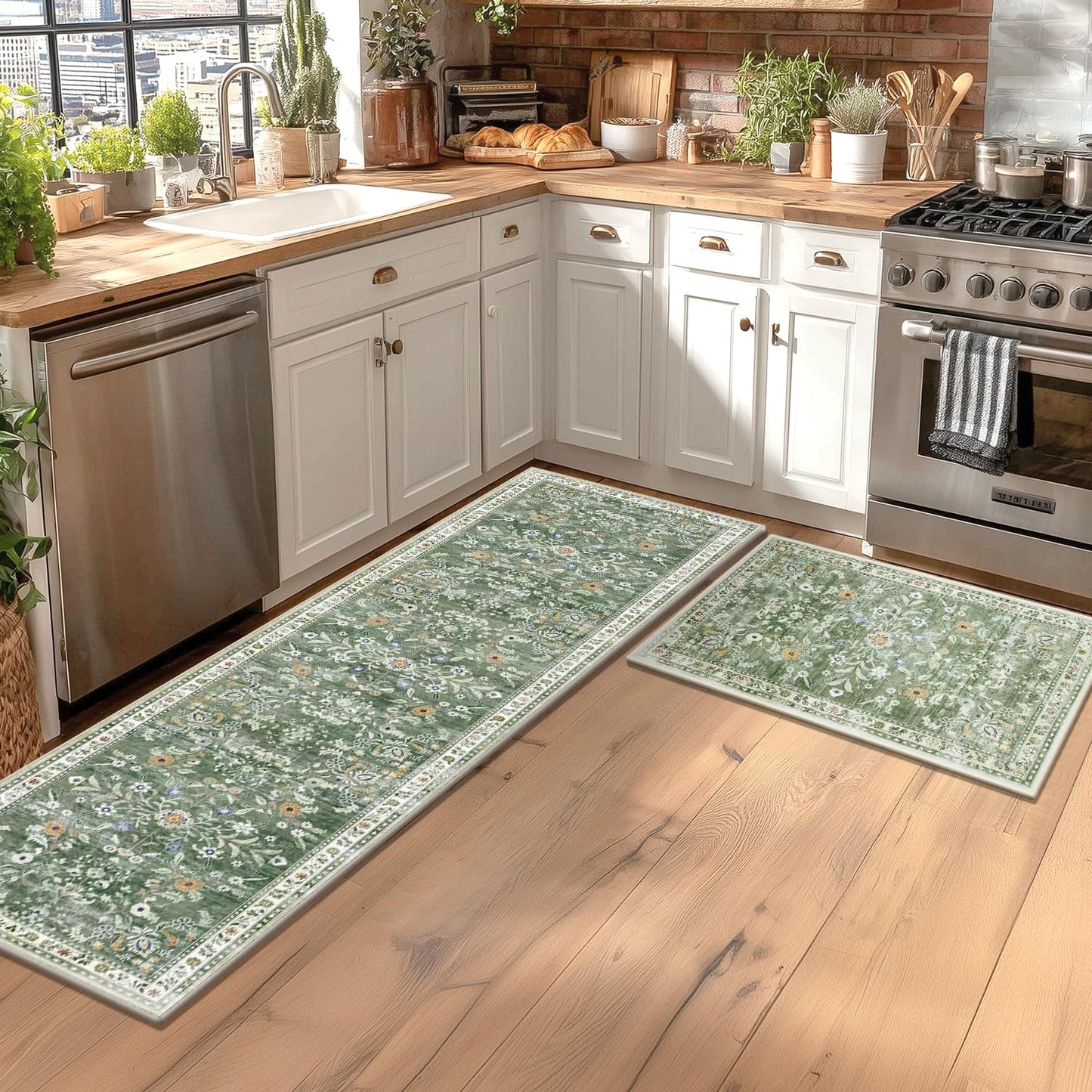 Yamaziot Washable Runner Rug 2x6 – Non Slip Boho Floral Hallway Runner Rug with Rubber Backing, Low Pile Faux Wool Distressed Carpet for Kitchen, Laundry, Bedroom, Entrance, Mottled Green