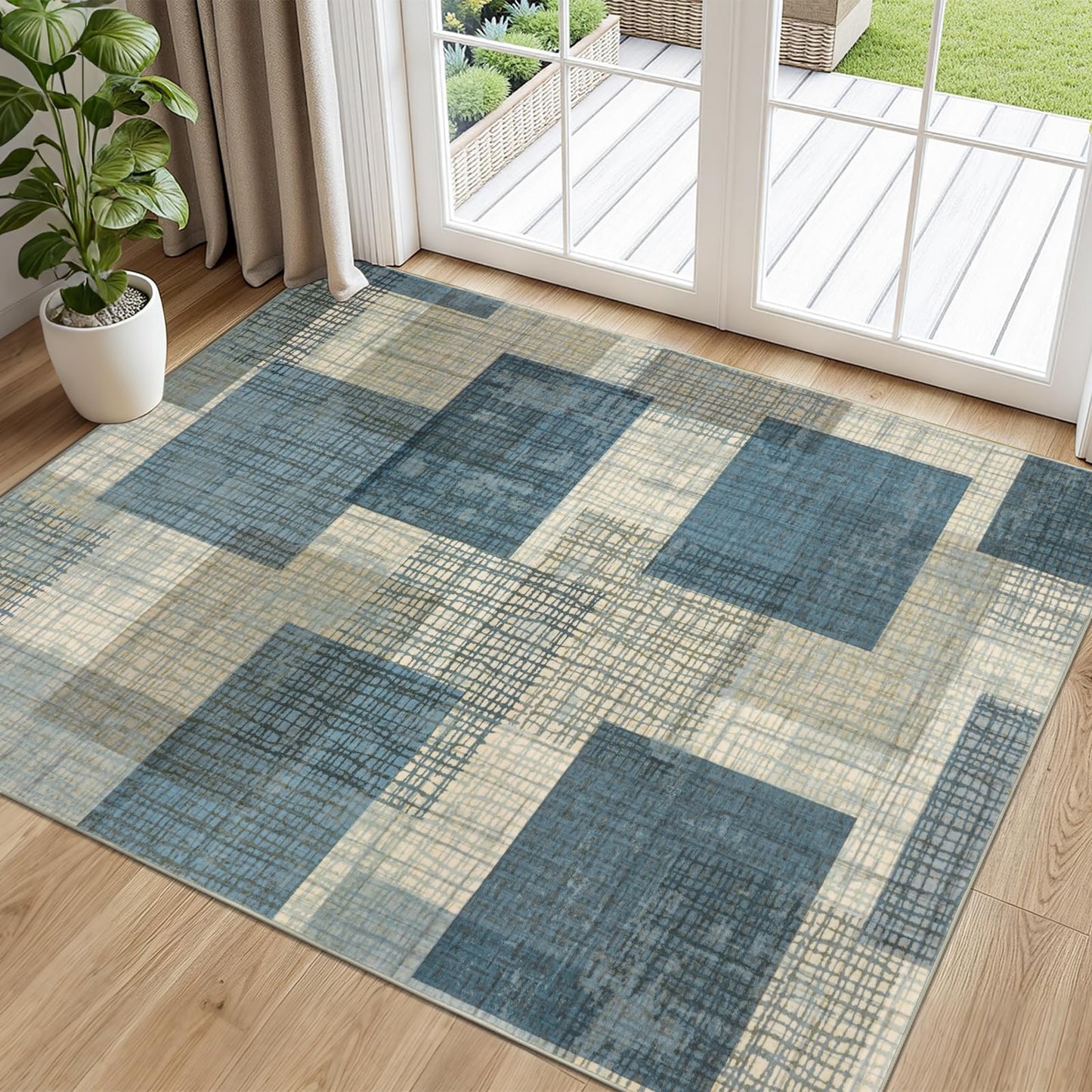 Ailyei Area Rugs 3x5 Kitchen Rugs Entry Rug for Inside House, Modern Geometric Entryway Rug Non Slip Stain & Fade Resistant, Grid Print Patchwork Area Rug for Entrance Bedroom Decor, Blue