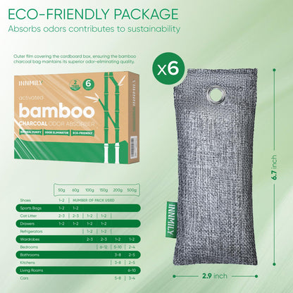 Innmily Bamboo Charcoal Air Purifying Bags, 6 Pack Natural Shoe Odor Eliminator, Sneaker Deodorizer and Moisture Absorbers for Clean Footwear, Shoe Odor Remover
