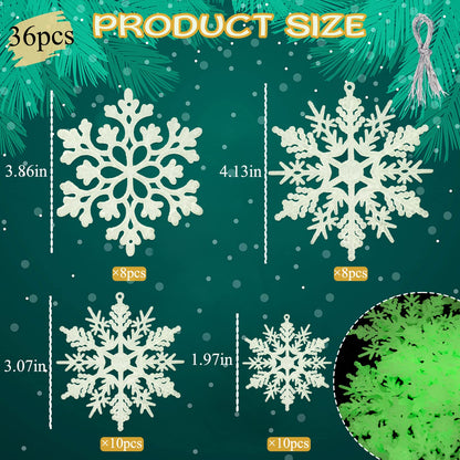 Christmas Snowflake Ornament Glow in The Dark Decorations- 36Pcs Luminous Plastic Snowflake Ornaments for Christmas Tree Decorations Winter Wonderland Bedroom Home Frozen Party Supplies