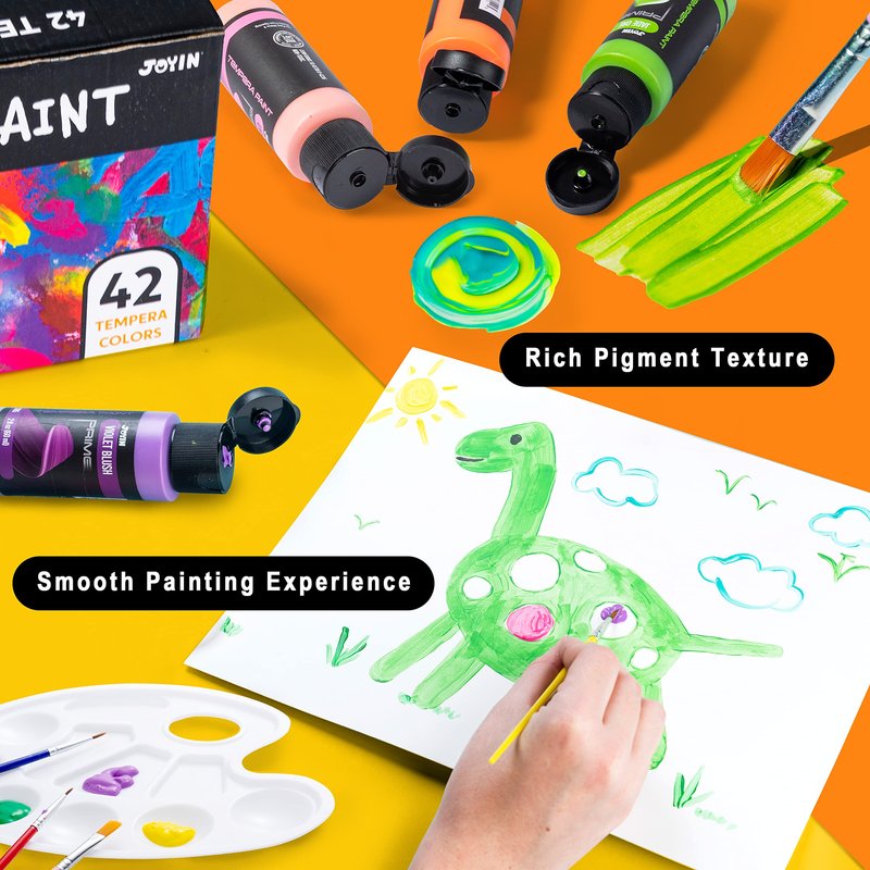 JOYIN Washable Tempera Paint Set for Kids 42PCS, Non Toxic Liquid Paint with 15 Brushes and 4 Palettes - Art Supply for Kids for Arts and Crafts Project, Finger Painting (2 oz Each), School Project Art Supplies