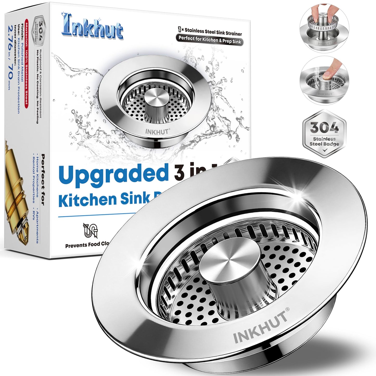 Upgraded 3 in 1 Kitchen Sink Drain Strainer - Stainless Steel Sink Stopper, Anti-Clogging Food Catcher Basket, Sink Bounce Core Drain Strainer Plug for US Standard 3 1/2 inch Drain (Mirror Silver)