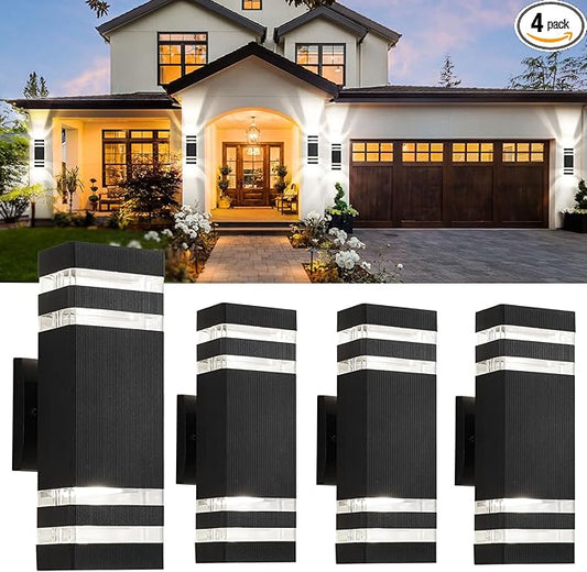 tewei 4 Pack Outdoor Wall Lights, Modern Exterior Light Fixture Wall Mount Black Outdoor Lights for House Waterproof Aluminum Up and Down Porch Lights Outdoor Wall for Porch Patio Garage, 2-Layer