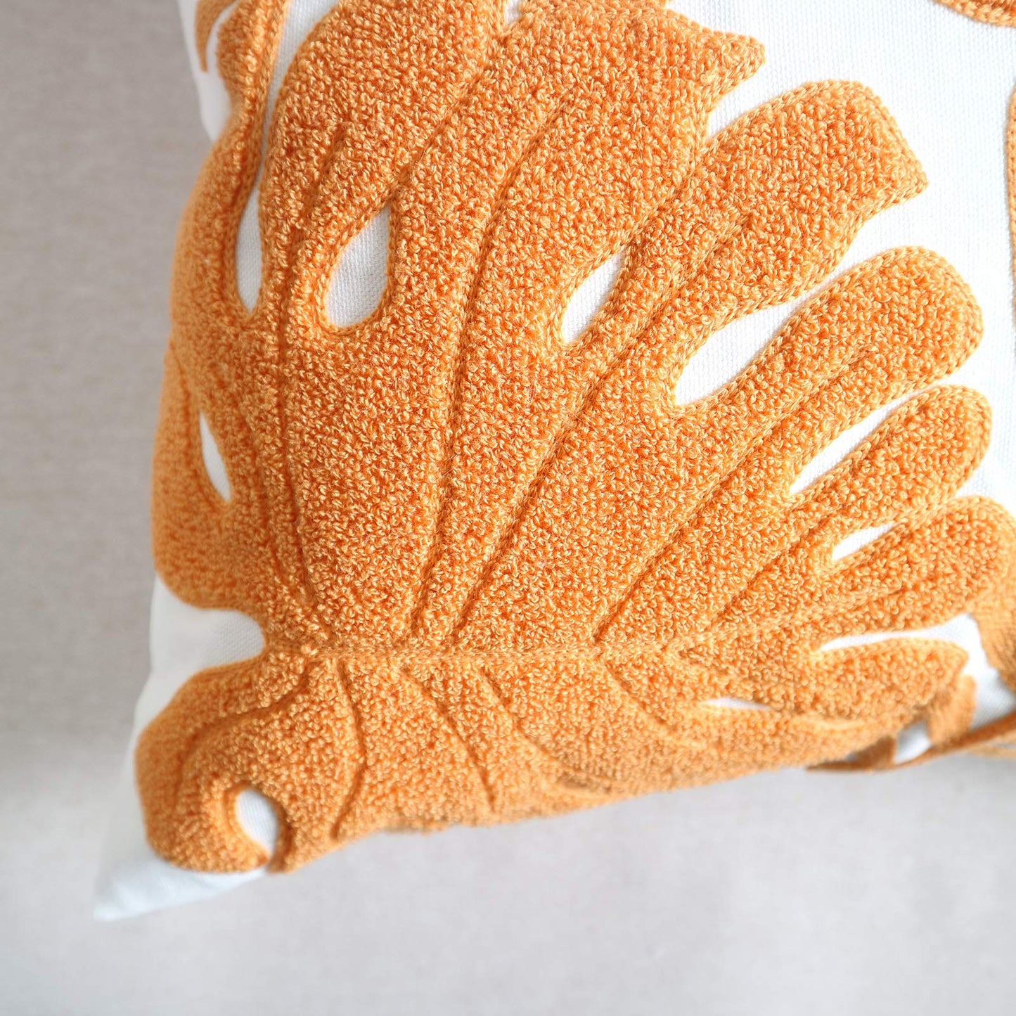 Hodeco Embroidery Throw Pillow Covers 18x18 Home Decor Floor Pillow Cover for Couch Bed Chair 100% Cotton Loop Embroidered Orange Tropical Leaves Cushion Cover Square Pillowcase 45x45cm, 1 Piece