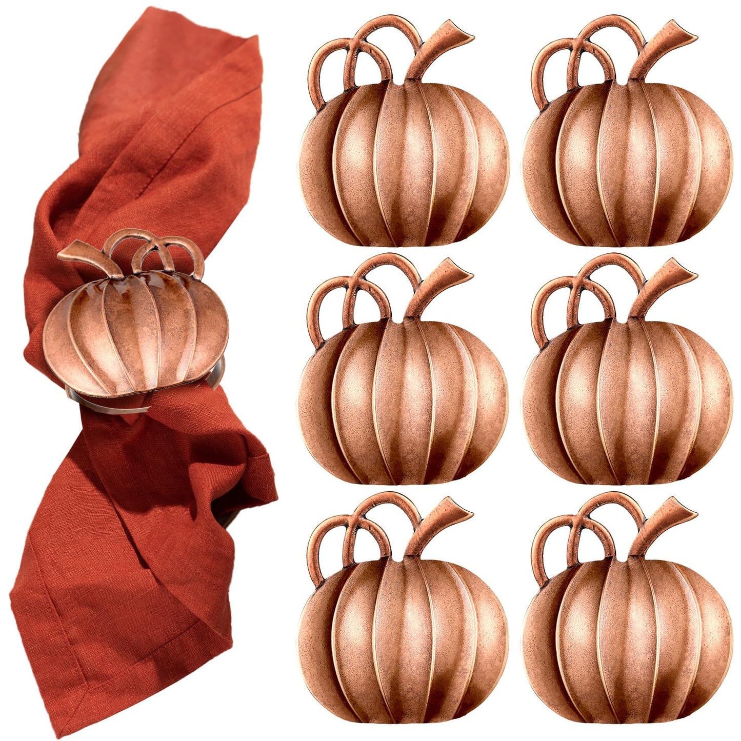 Patelai 6 Pieces Pumpkin Napkin Rings Fall Napkin Holders Thanksgiving Halloween Dinner Tables Rings for Thanksgiving Dinner Party Weddings Family Gatherings (Bronze)