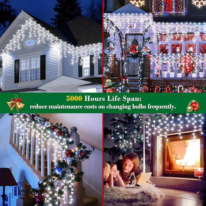 XURISEN 132ft Christmas Lights Decorations Outdoor, 1280 LED 8 Modes Fairy Lights with 240 Drops,Plug in Waterproof Timer Memory Function for Christmas Holiday Wedding Party Decorations(Cool White)