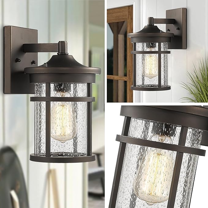 Bestshared Outdoor Wall Light, Exterior Porch Mount Light Fixture, Outdoor Wall Sconce, Front Door Lantern Lamp with Seeded Glass Shade(Oil Rubbed Bronze, 11.3" Height)