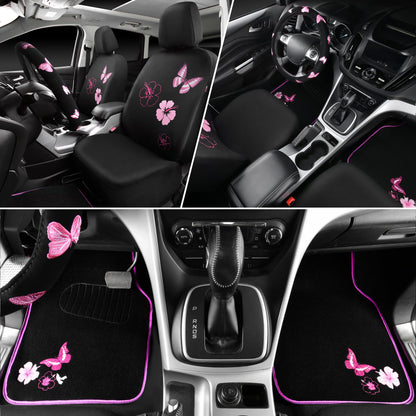 CAR PASS Universal Cloth Butterfly Car Seat Covers Full Set, Embroidered Flower Waterproof Car Floor Mats Carpet, Butterflies Steering Wheel Cover for Car Accessories Interior Sets (Black and Pink)