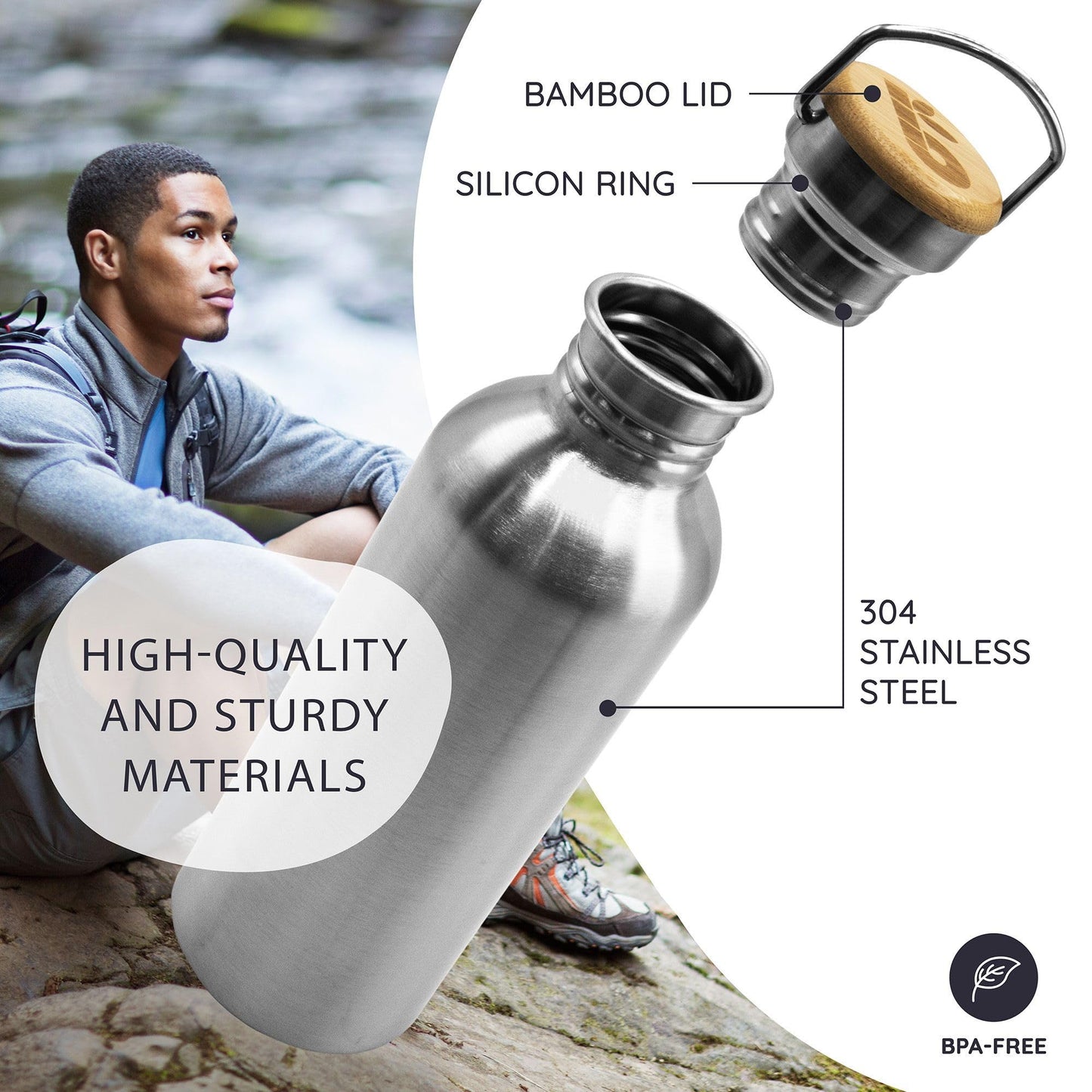 Bambaw Stainless Steel Water Bottles 32 oz, Non-insulated Single Wall Metal Water Bottle Stainless Steel, Reusable & Eco Friendly, Dishwasher Safe – Silver