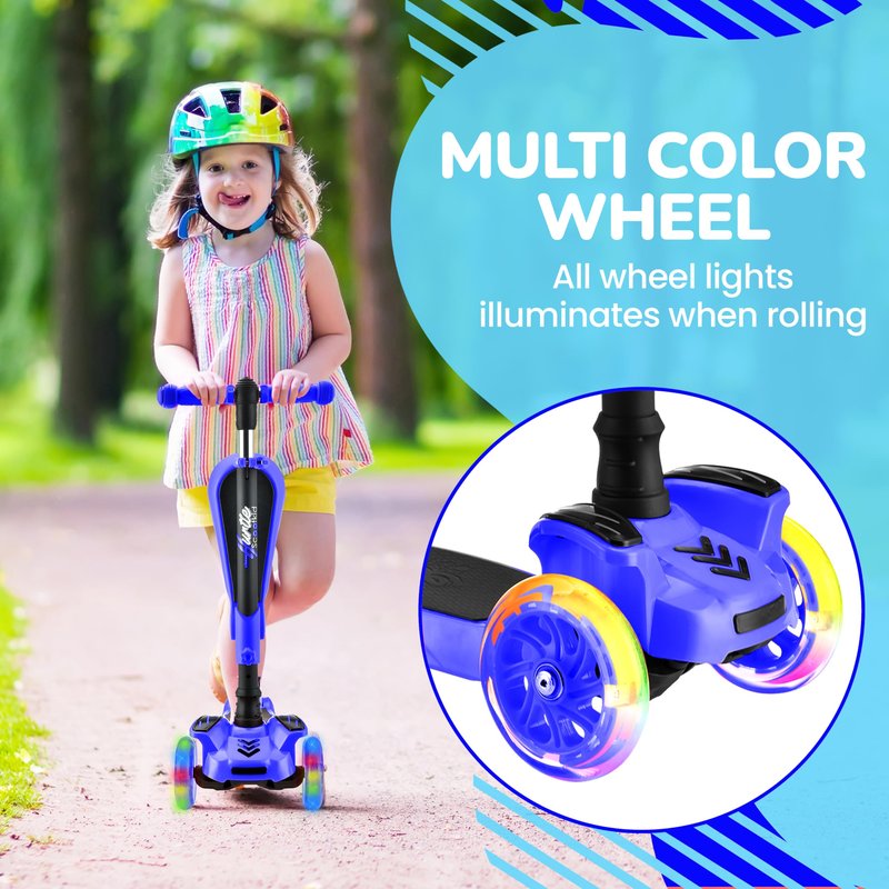Hurtle 3 Wheeled Scooter for Kids - 2-in-1 Sit/Stand Child Toddlers Toy Kick Scooters w/ Flip-out Seat, Adjustable Height, Wide Deck, Flashing Wheel Lights, Great for Outdoor Fun -(Blue)
