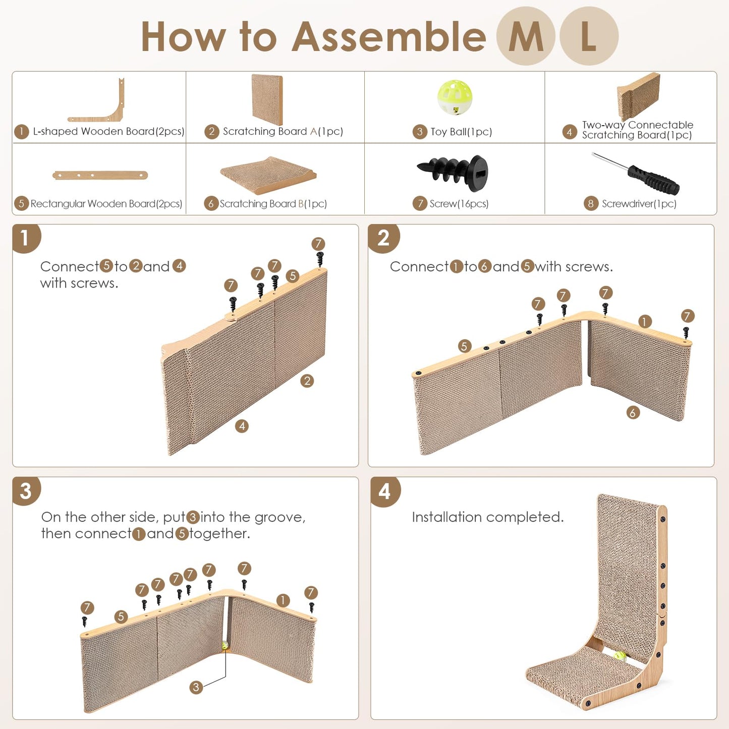 EHEYCIGA Cardboard Cat Scratcher for Indoor Cats, 26.8 Inch L Shaped Vertical Cat Scratching Board with Ball Cat Toy, Large Cat Scratcher Pad, Brown