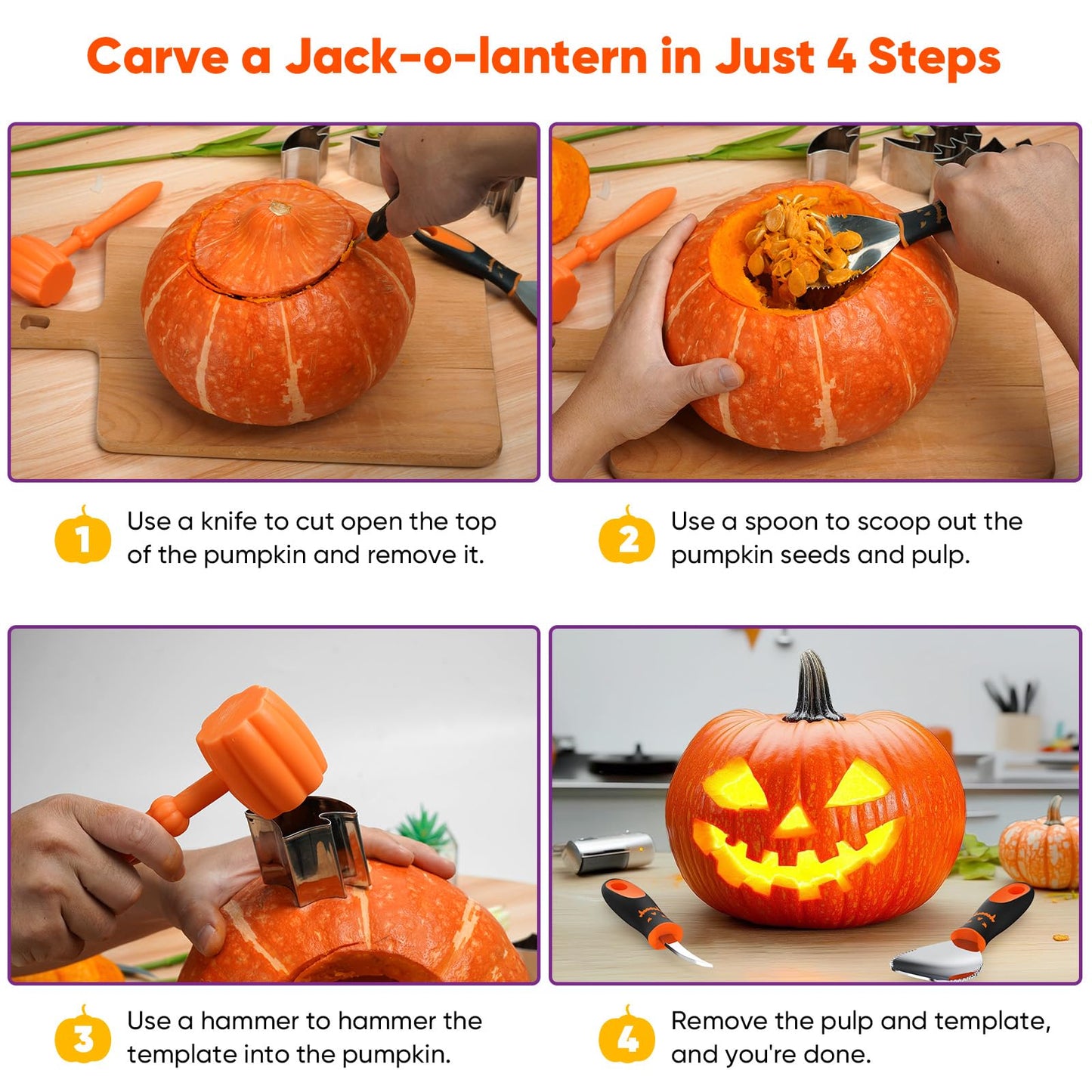 NFEVER Pumpkin Carving Kit Tools: 30PCS Pumpkin Carving Tools Set includes 22 Stainless Steel Stencils & Hammer & Spoon & Carve Knife & Candles - 2025 Halloween Gifts for Kids Safe DIY Decorating Kit