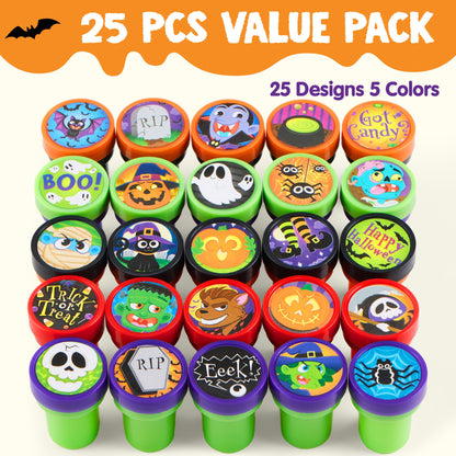 JOYIN 100 Pcs Halloween Stampers for Kids Gift, 25 Designs Assorted Plastic Stamps Bulk for Halloween Party Favors Goodie Bag Fillers, Teacher Student Stamps for Classroom Game Prizes