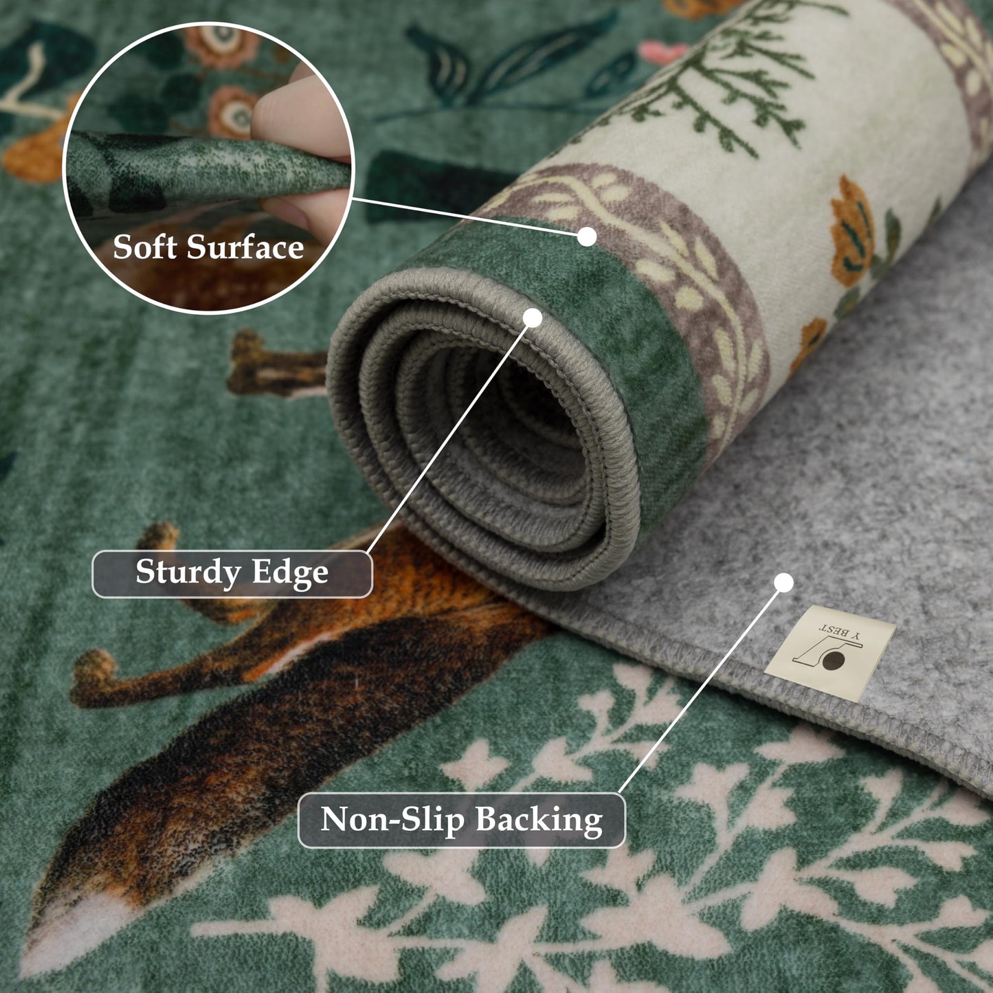 Y-BEST Washable 4x8 Kitchen Area Rug: 8ft Low Pile Wide Rugs for Bedroom Home Office Soft Animal Botanical Print Pattern Non-Slip Backing Carpet for Dining Room Entryway Bathroom (4x8 Forest Green)