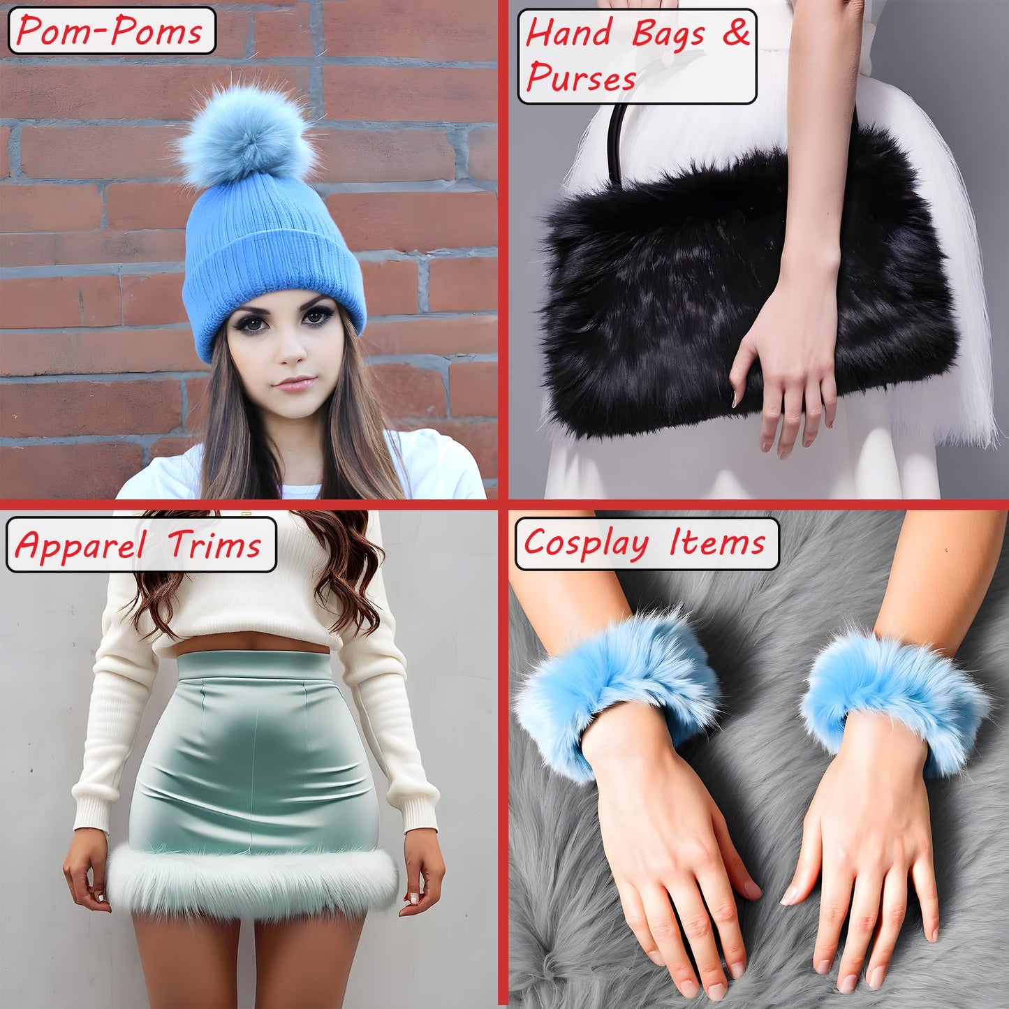 Barcelonetta Faux Fur Fabric | Pre-Cut Fur Squares for Sewing, DIY Crafts, Costumes, Upholstery | Soft, Vegan Faux Fur | Material for Plush Toy Projects (2-Wht 2-Blk Pack, 10" X 10")