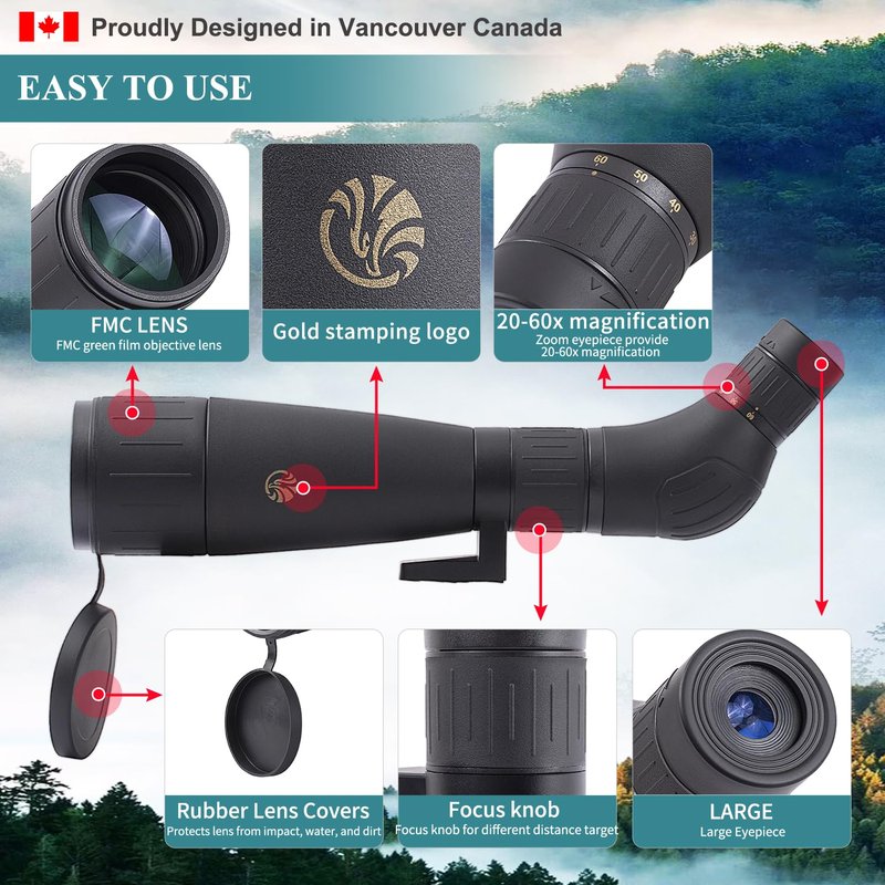ED 20-60X60 FMC Spotting Scope Compact (Long Range Spotting, Water-Resistant) with Metal Tripod, Carry Bag, Phone Holder (ED 20-60X60)