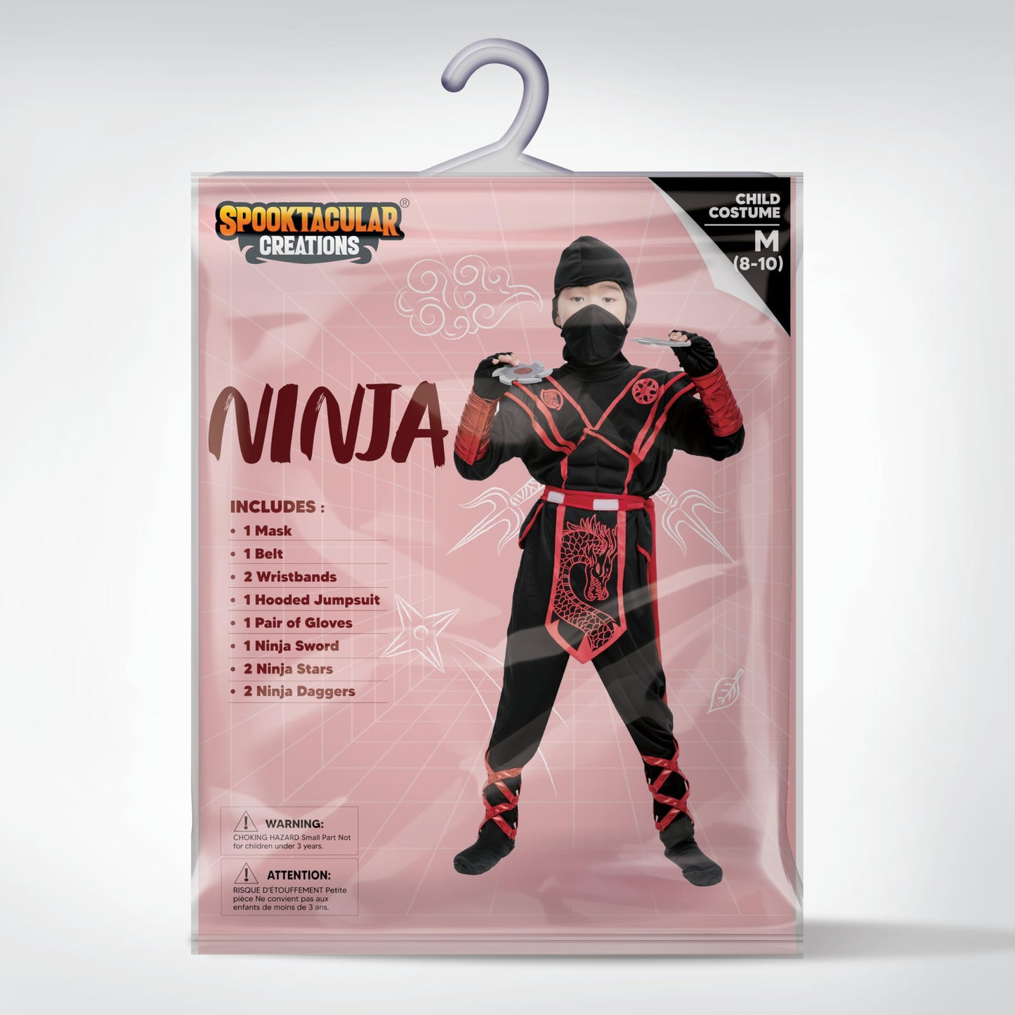 Spooktacular Creations Halloween Ninja Costume Kids, Black Red Ninja Dragon Jumpsuit Set, Boys Halloween Costume for DressUp and RolePlay Party (Medium, 8-10 yrs)